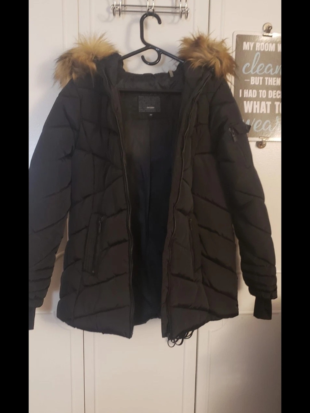 Steve Madden Black Puffer Jacket with Faux Fur Hood Trim